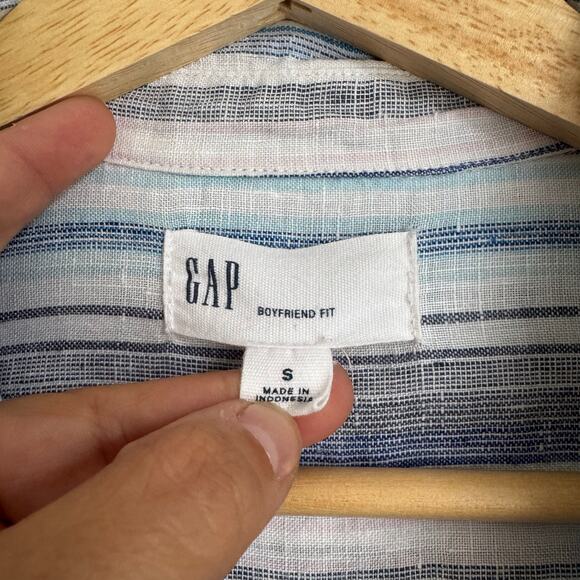 GAP Women's 100% Linen Top Size Small Striped Beachy Coastal Scandi Girl Blue - Picture 2 of 13